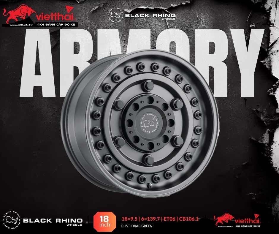 MÂM BLACK RHINO ARMORY 18×9.5 | 6/139.7 | ET06 | CB106.1 (MÀU XÁM ĐEN)